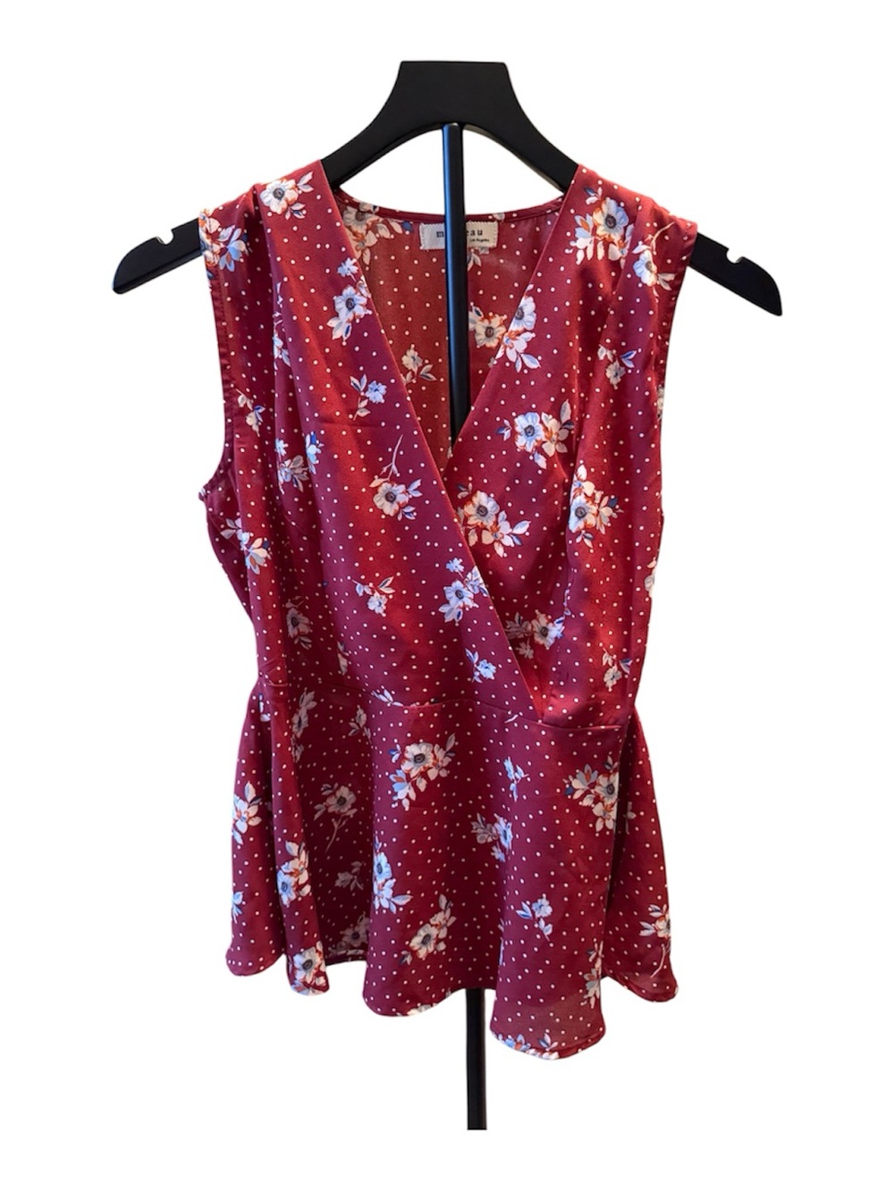 Monteau Floral Sleeveless Peplum Blouse Burgundy V-Neck Women’s Medium